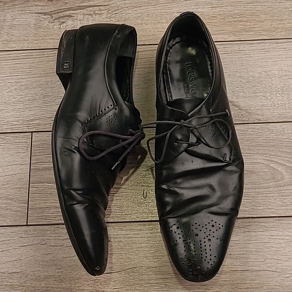 LOUIS VUITTON Black Leather Sz 8.5 Lace Up Derby Mens Dress‎ Shoes